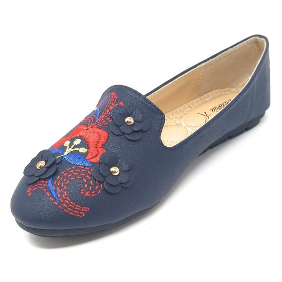Women Embroidered Ballet Flats, B-2714-A, Navy - Picture 2 of 5
